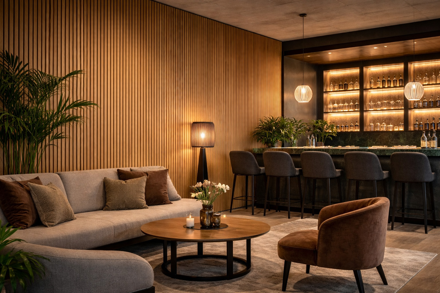 Akoestische bamboe wandbekleding binnen toegepast in een hospitality-omgeving, met verticale lamellen voor verbeterde akoestiek en luxe uitstraling.