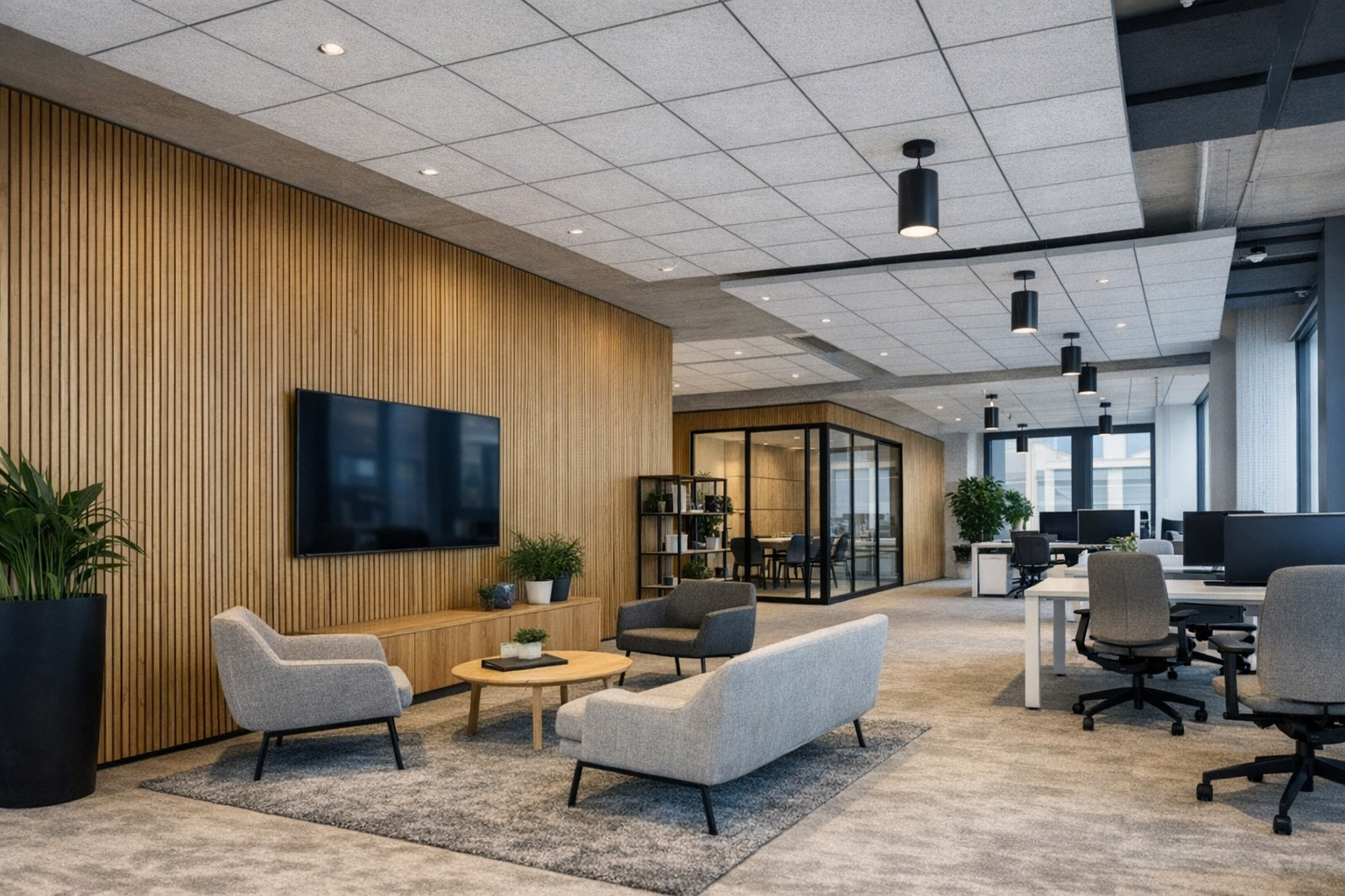 Moderne kantoorruimte met akoestische bamboe wandbekleding binnen, toegepast als design wandafwerking voor verbeterde akoestiek en uitstraling.