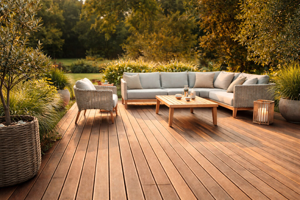 Bamboe terrasplanken toegepast als duurzame bamboe vloer voor buiten met moderne loungeset in groene tuinomgeving.