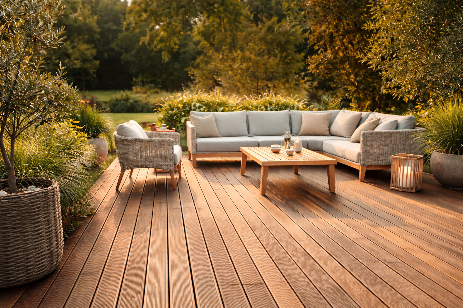 Bamboe terrasplanken toegepast als duurzame bamboe vloer voor buiten met moderne loungeset in groene tuinomgeving.