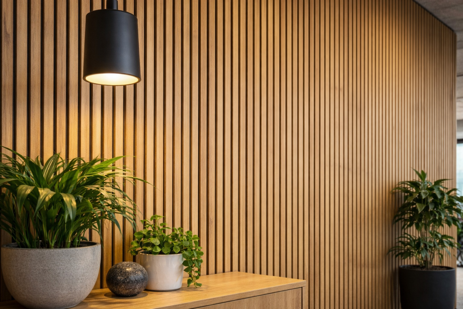 Detail van akoestische bamboe wandpanelen met verticale lamellen, toegepast als duurzame en designgerichte wandbekleding binnen.