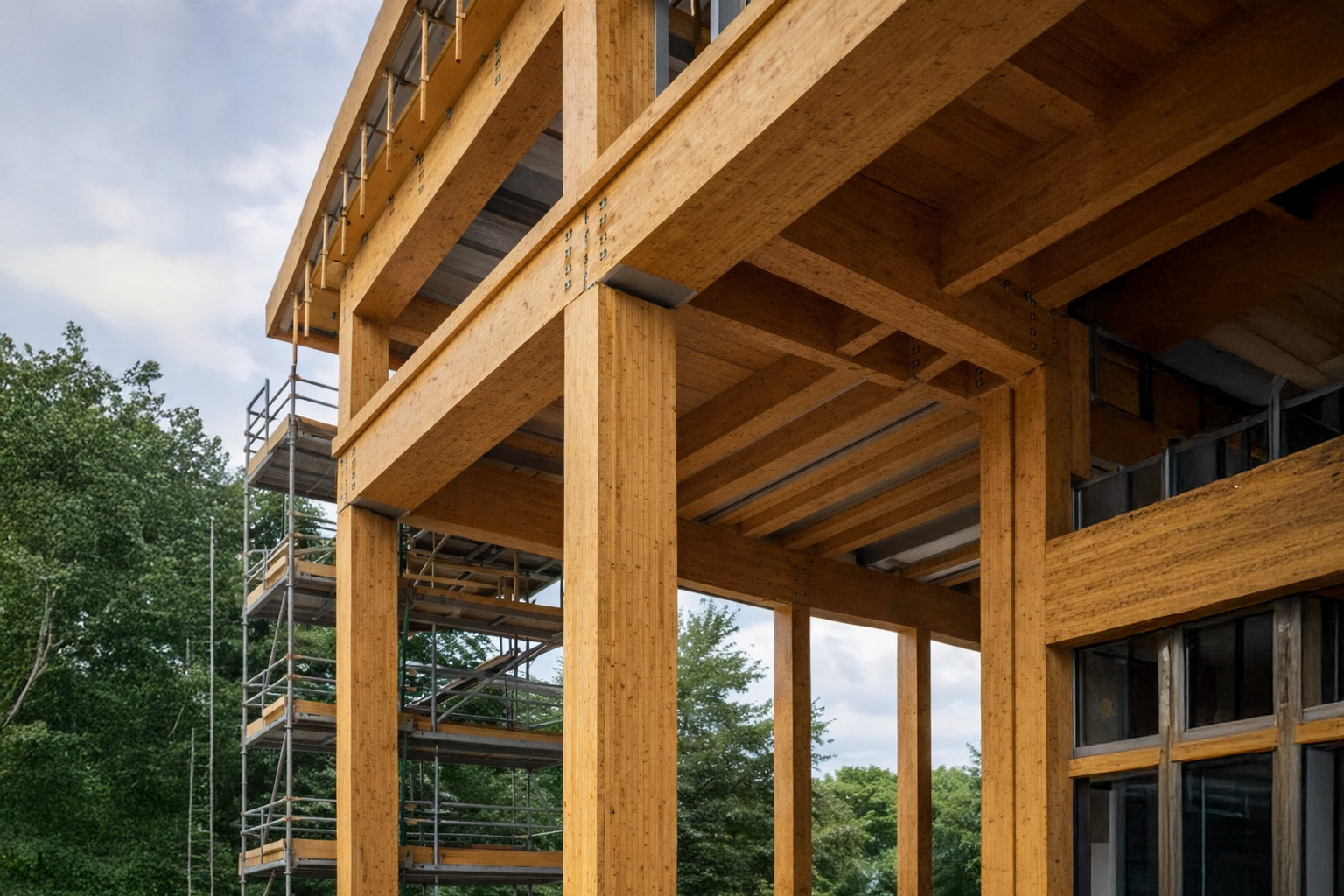 Detail van gelamineerde bamboe kolommen en liggers als duurzaam bamboe bouwmateriaal in een moderne constructie. 