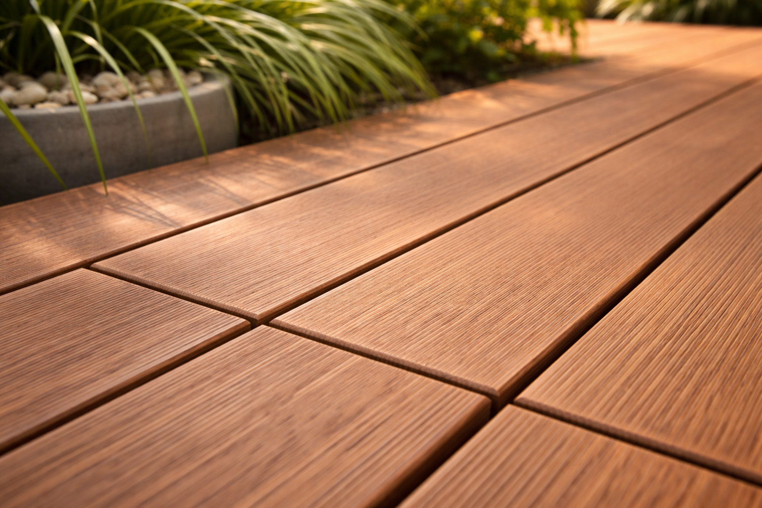 Close-up van FSC bamboe terrasplanken met warme houttint en fijne nerfstructuur, toegepast als duurzame bamboe vloer voor buiten.