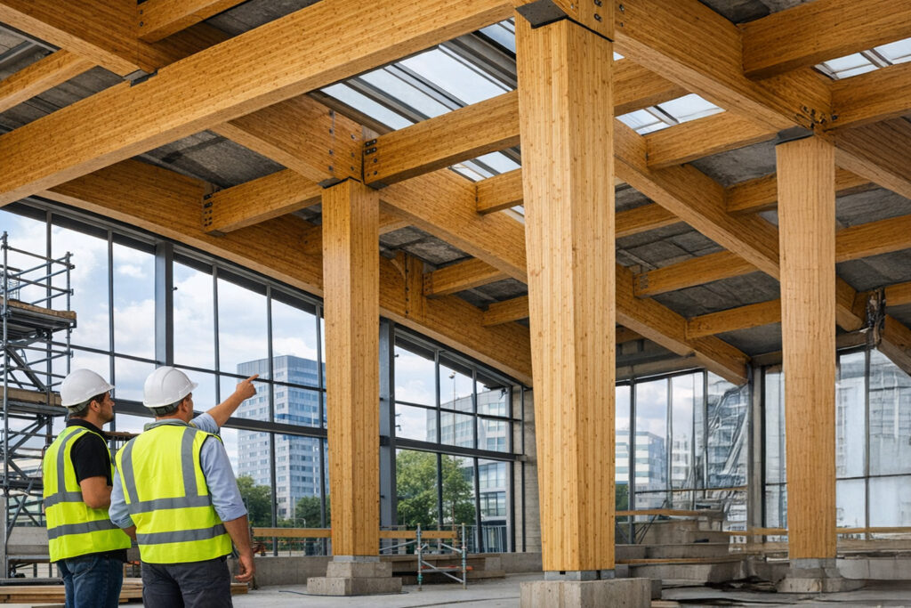 Inspectie van gelamineerde bamboe constructiebalken bij een groothandel in duurzaam bamboe bouwmateriaal.