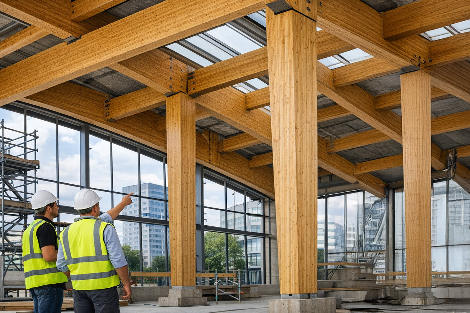 Inspectie van gelamineerde bamboe constructiebalken bij een groothandel in duurzaam bamboe bouwmateriaal.