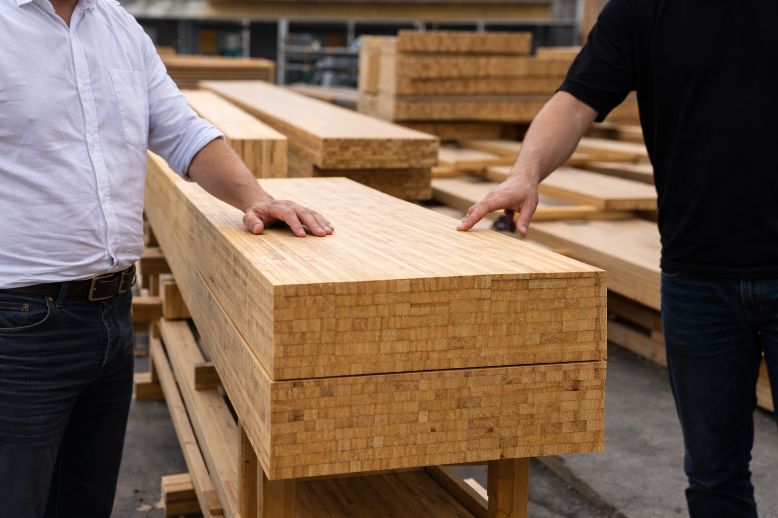 Gelamineerde bamboe constructie met kolommen en liggers toegepast in een duurzaam bouwproject tijdens de ruwbouwfase.