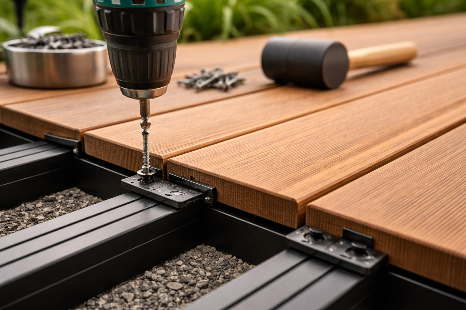 Montage van bamboe terrasplanken met onzichtbaar clipsysteem op aluminium onderconstructie voor een duurzaam bamboe terras.