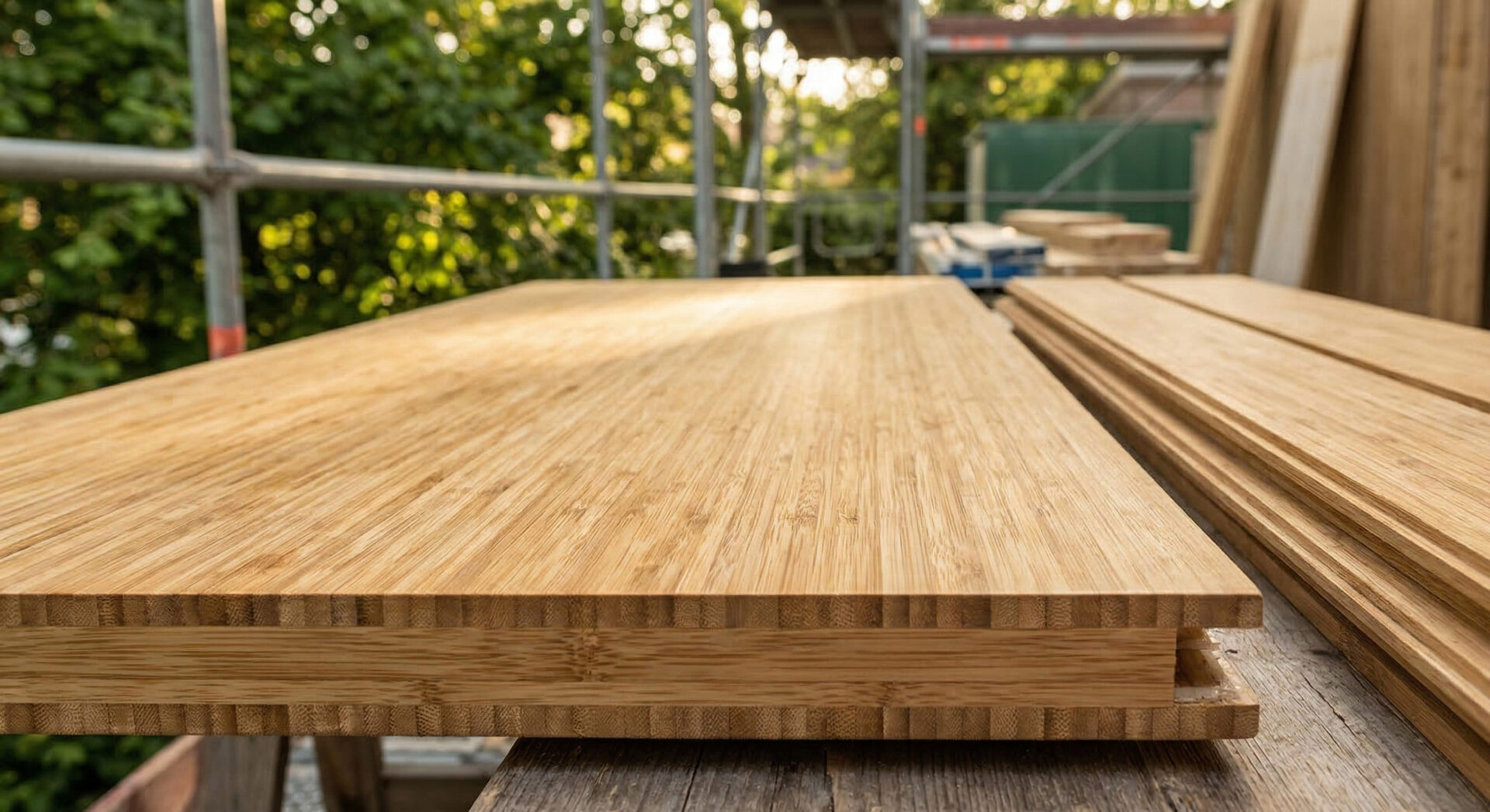 Een gedetailleerde close-up foto van gelamineerde bamboe panelen op een werkbank buiten. De foto toont de rijke, natuurlijke textuur en de gelamineerde structuur van de engineered bamboe strips. Een deel van de edge toont de verlijmde lagen. Zacht daglicht accentueert de textuur. De achtergrond is onscherp, maar hints van scaffolding en bomen zijn zichtbaar.