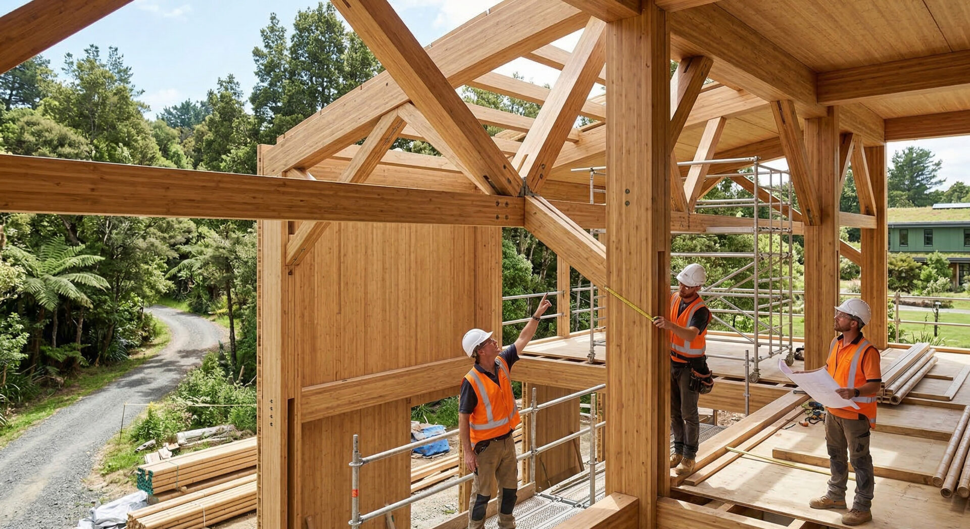 Een breed zicht op een modern duurzaam gebouw in aanbouw, voornamelijk gemaakt van engineered bamboe beams en panelen. Twee bouwvakkers in witte helmen en oranje veiligheidsvesten inspecteren een grote bamboe truss. Een derde bouwvakker staat op scaffolding. De site is omgeven door lush groen en native bomen. Natuurlijk daglicht filters door de open structuur.