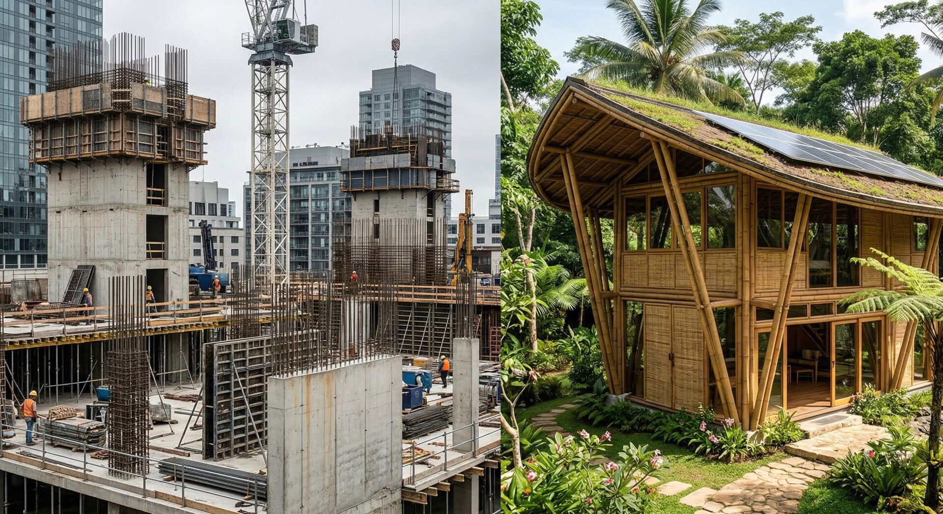 Een horizontaal gedeelde foto die traditionele en duurzame constructie vergelijkt. Links: een traditionele stedelijke bouwplaats onder bewolkte hemel, met beton, staal rebar, scaffolding, een grote kraan en bouwvakkers. Rechts: een completed, modern bamboe gebouw met een green roof en zonnepanelen in een lush, tropische tuin met natuurstenen pad. Natuurlijk daglicht.