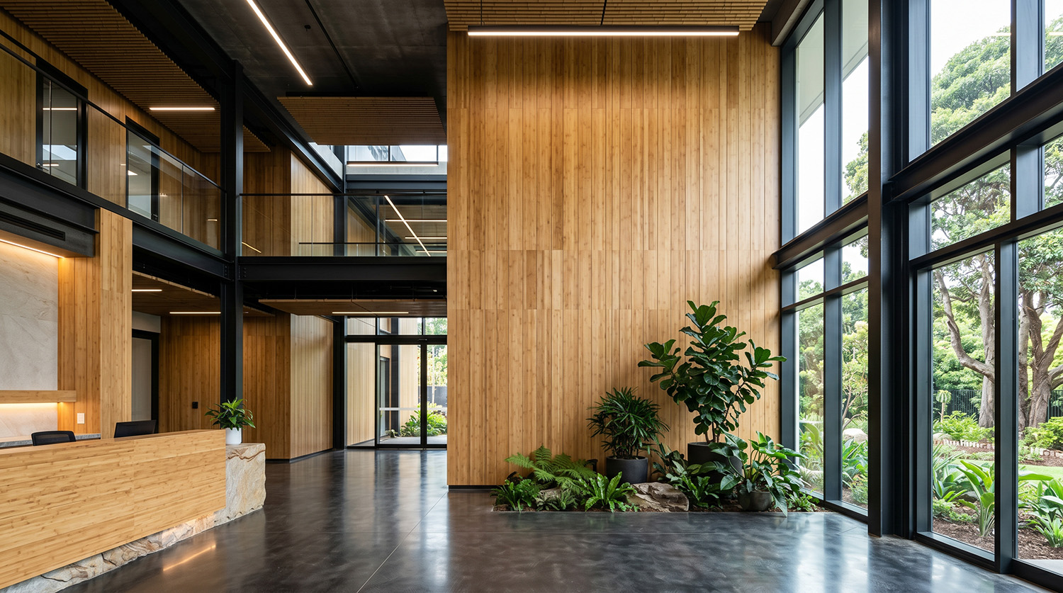 Moderne kantoorhal met duurzame bamboe wandbekleding en een natuurlijke uitstraling.
